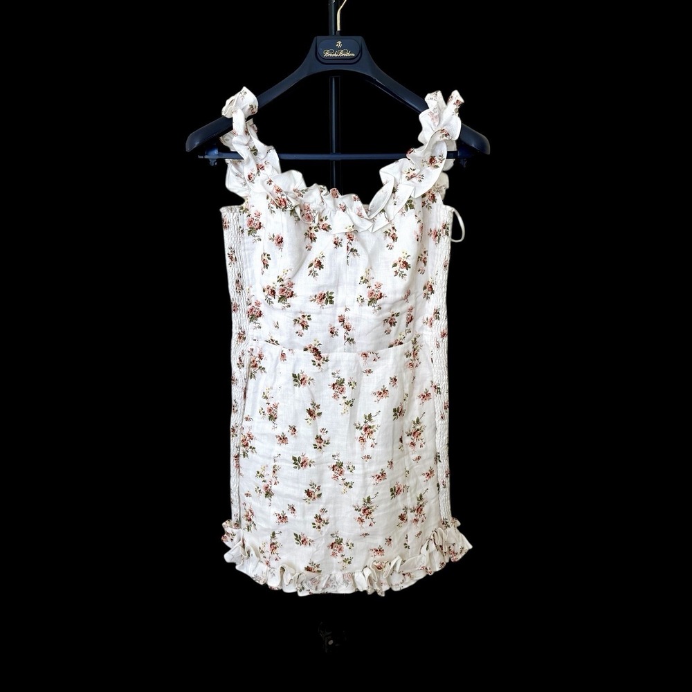 Reformation Floral Mini Dress Shoulder Ruffle Sweetheart Neckline‎ Sz 8 White